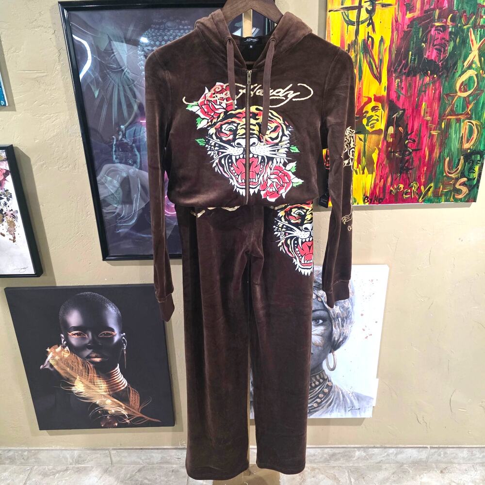 NWT 2PC Ed Hardy Velure Y2K Style Tiger Brown Track Suit Grunge Cropped L